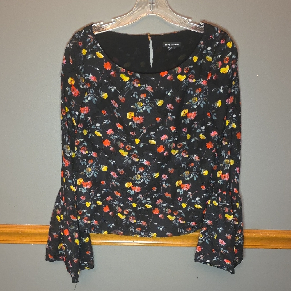 Club Monaco Black Blouse with Colorful Floral Design